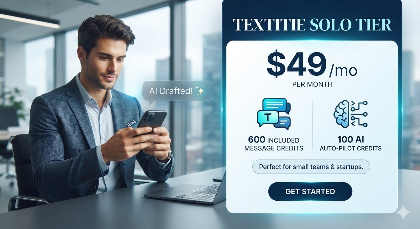 Textitie Solo Tier for Omaha, NE businesses with AI-drafted Co-Pilot messaging, 600 included message credits, and 100 AI Auto-Pilot credits.