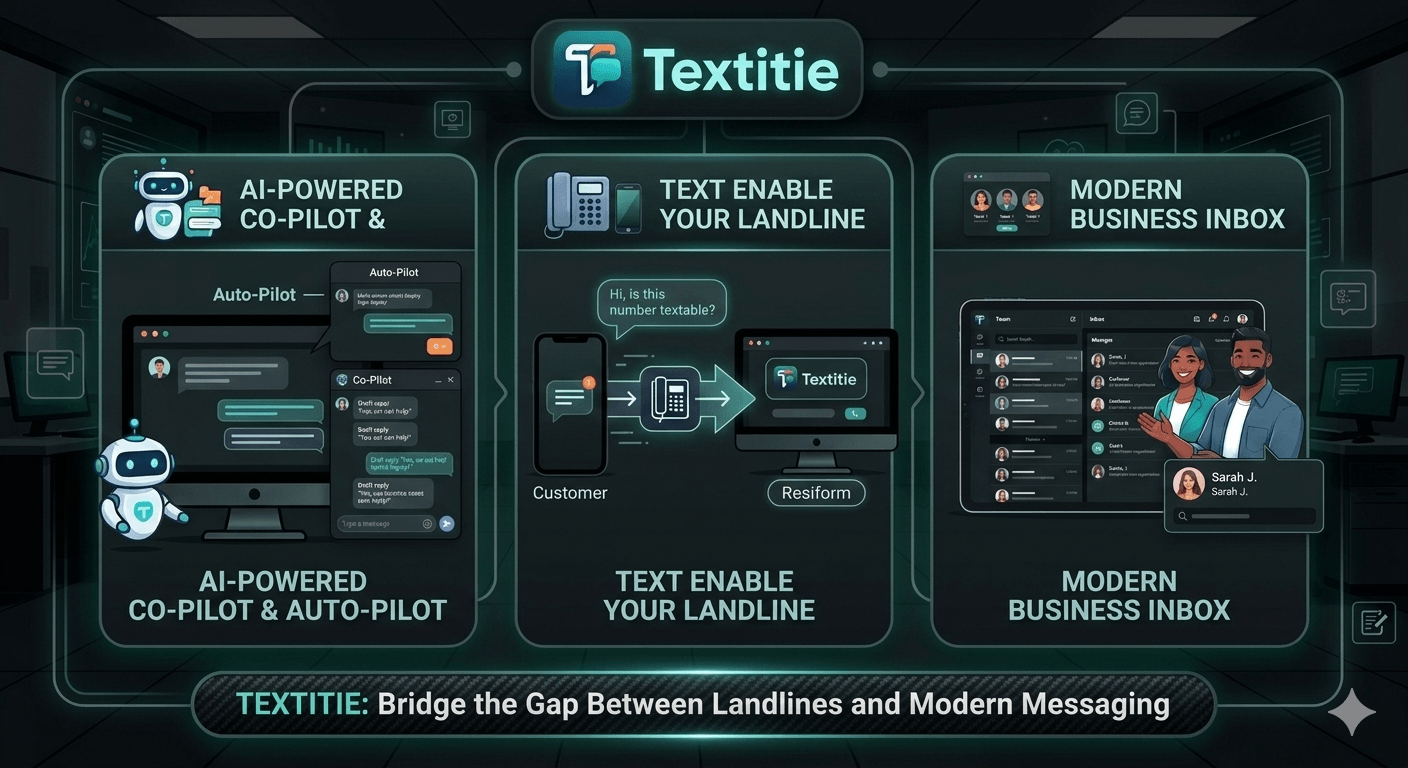 Textitie landline texting infographic with three panels: AI-powered Co-Pilot and Auto-Pilot chat threads, a business landline being text-enabled for customer SMS, and the modern Business Inbox showing team conversations.